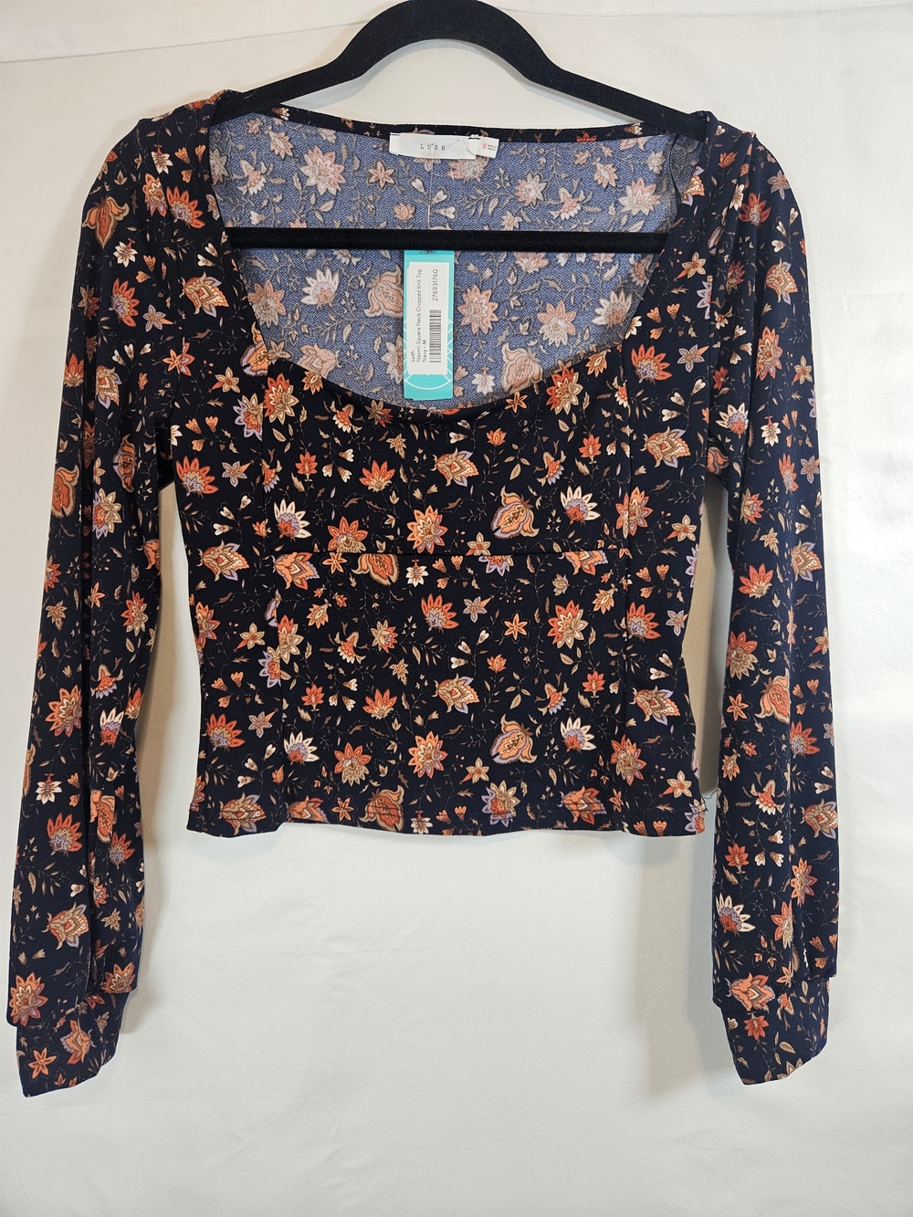 Lush Dark Blue Long Sleeve Scoop Neck Top Orange Floral Print Boho Cottagecore